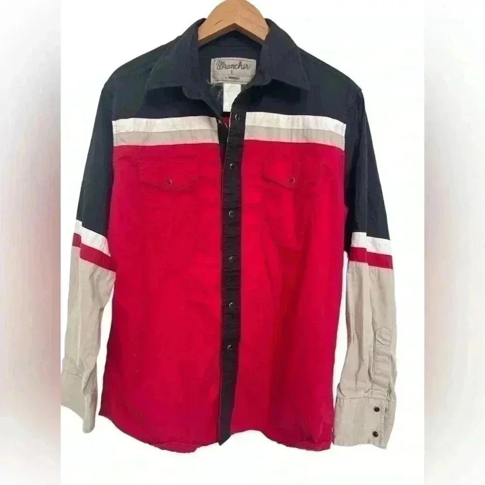 Wrangler Wrancher Mens Pearl Snap Western Shirt Black Red Tan Heavy Denim Rodeo